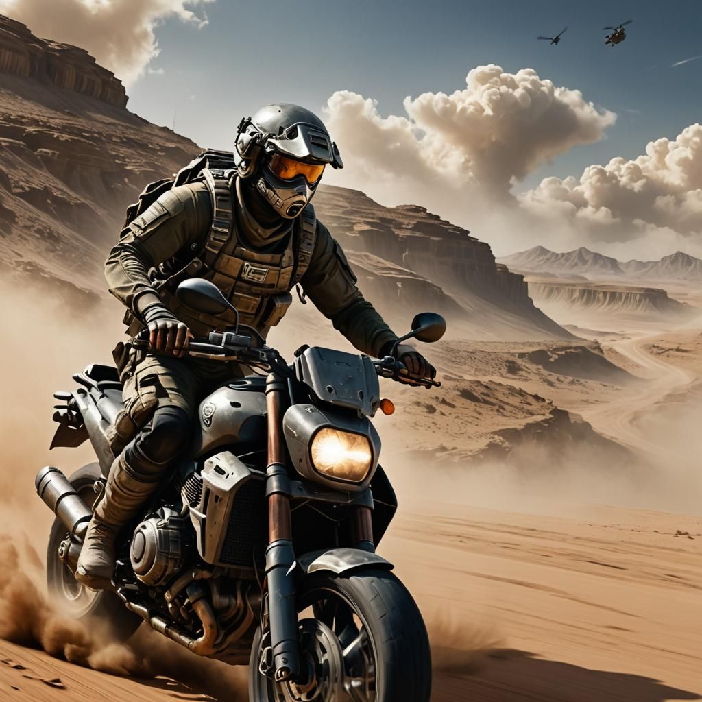 Ghost Recon Soldier Rides Motorcycle in Desert Landscape
