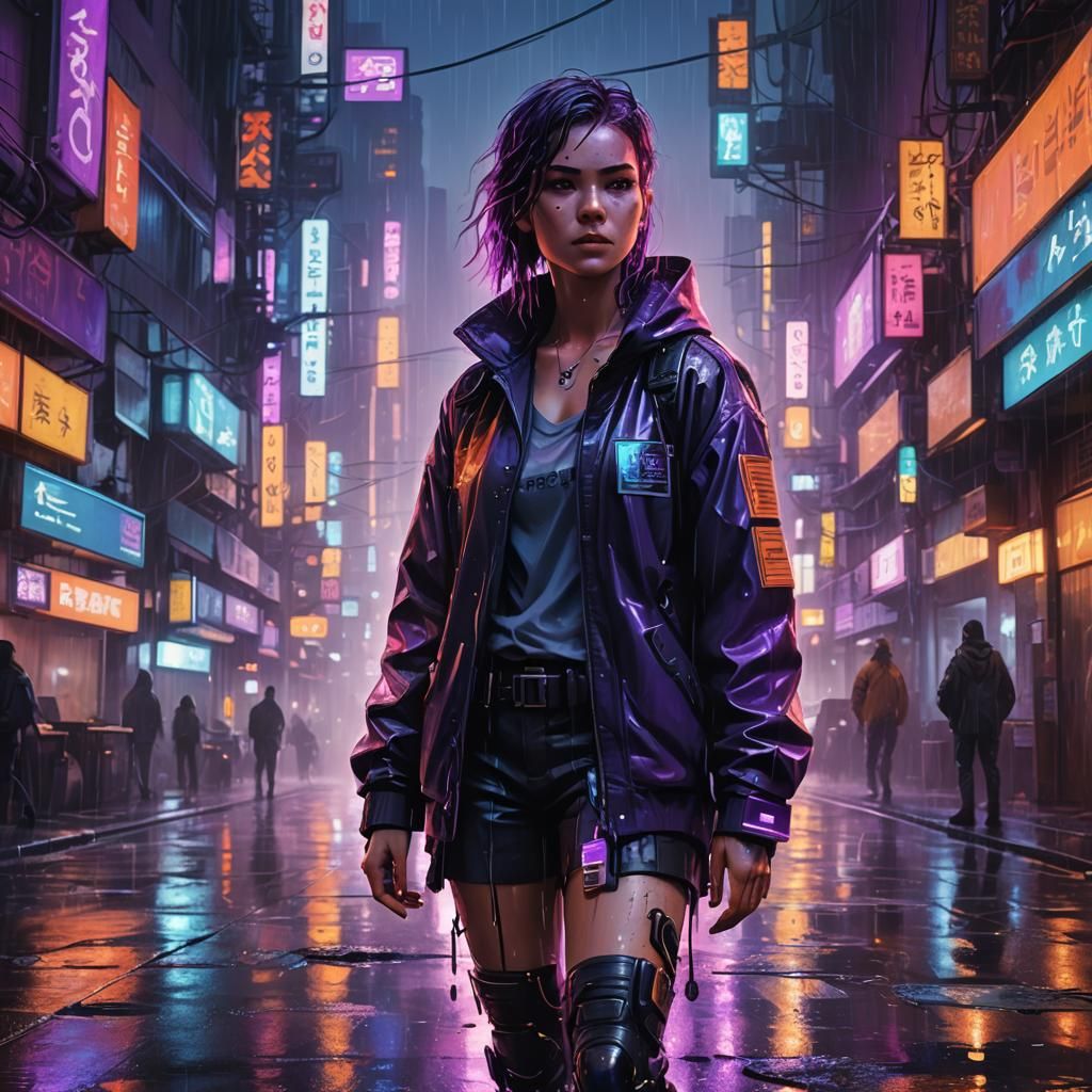 Medium shot of a female sci-fi protagonist in a cyberpunk ci...