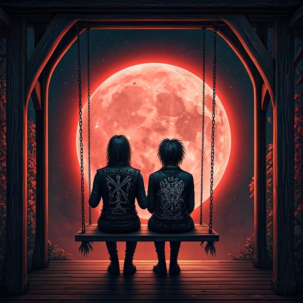Gothic Couple on Swing Watching Red Cosmic Moon