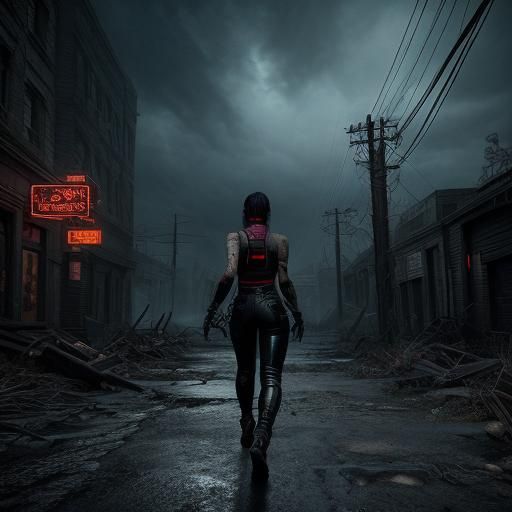 Goth Girl Running from Undead in Hellish City