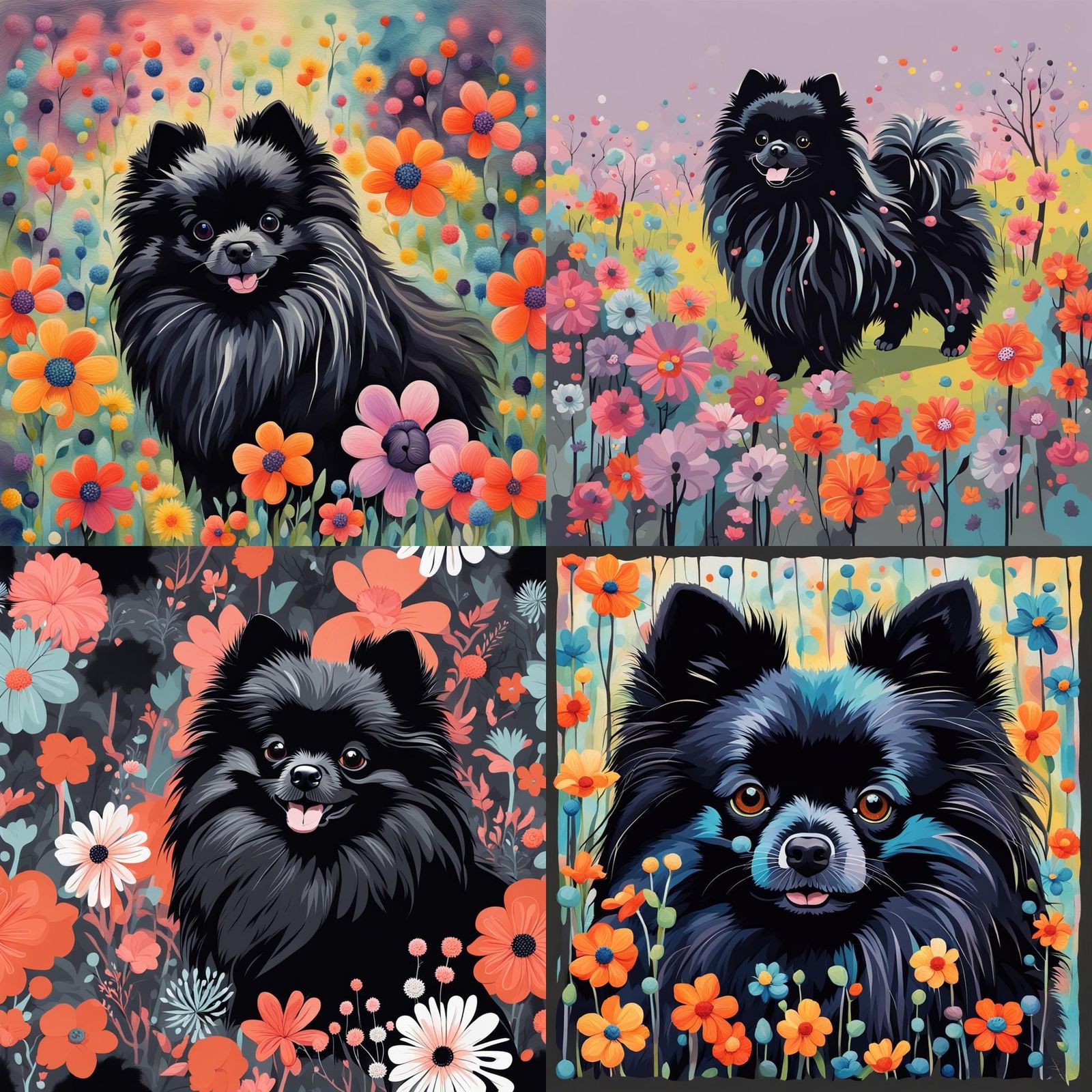 Black Pomeranian in Abstract Springtime Bloom
