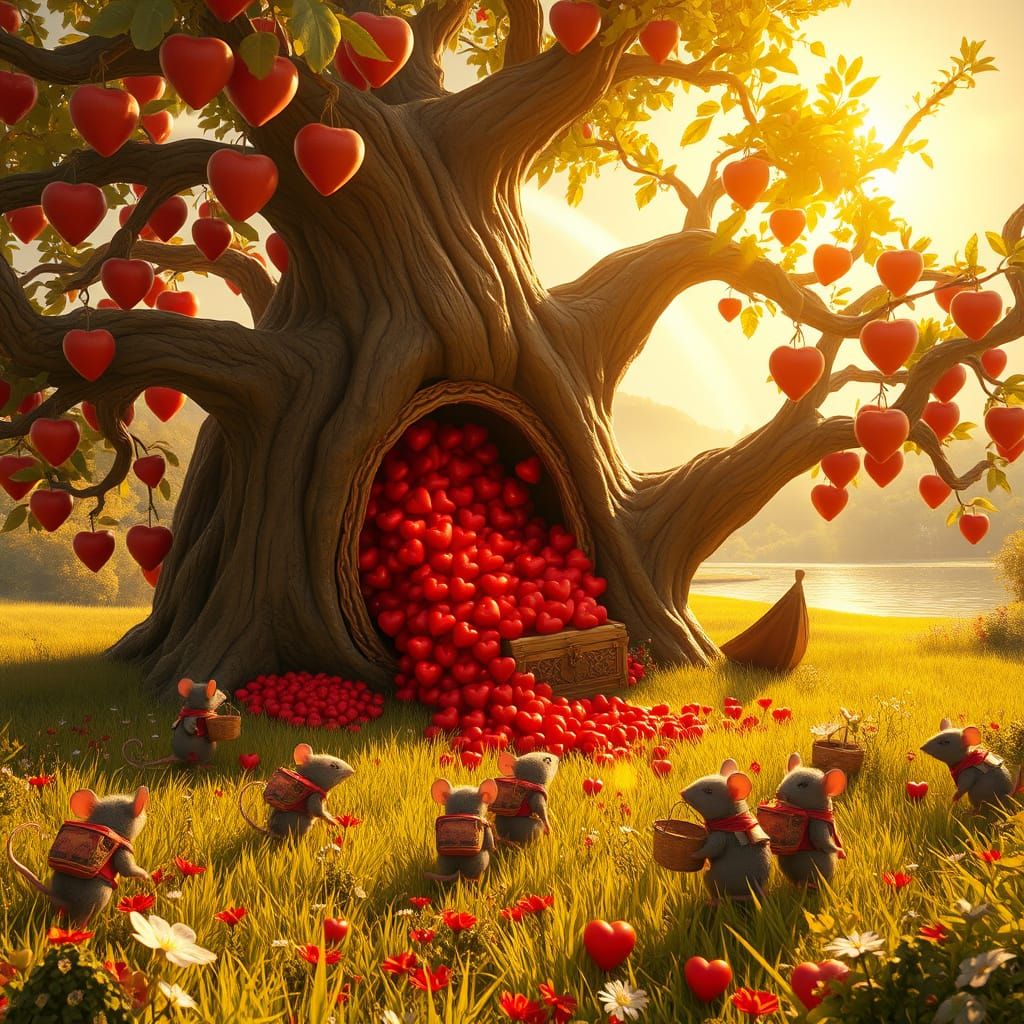 Whimsical Mouse Family Collects Hearts in a Vibrant, Sunny M...