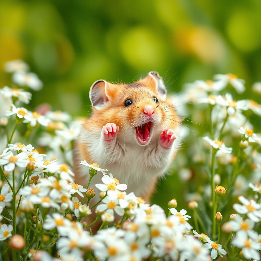 Dormouse in Yarrow Flowers, Watercolor Botanical Art