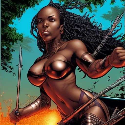 Wakandan Amazon Warrior in Comic Book Art