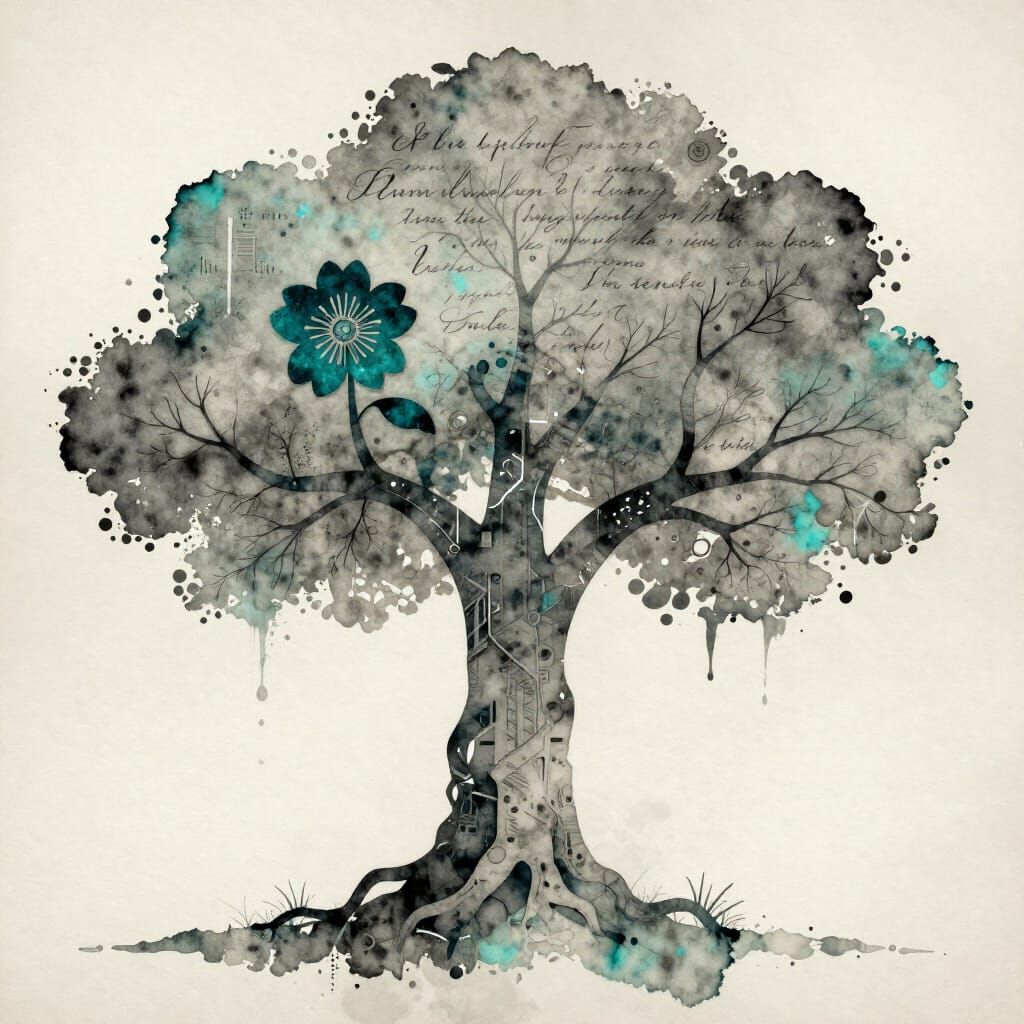 Cyberpunk Megatree on Eco-Dyed Paper in Watercolor Style