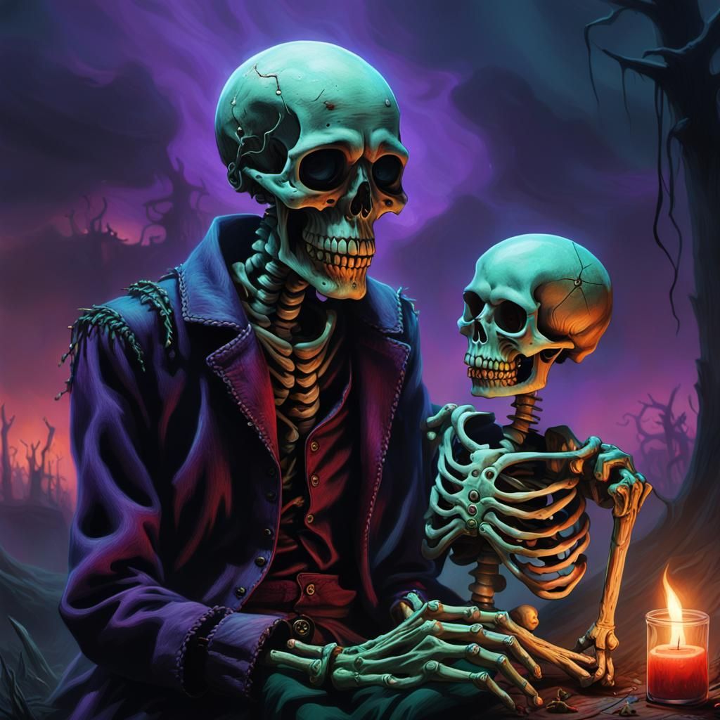 Grinning Skeleton with Doll in Dark Fantasy Matte Painting