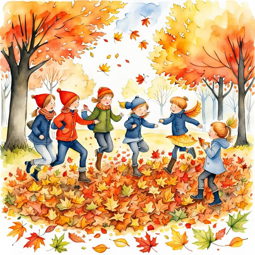 Whimsical Autumn: Storybook Illustration of Children Playing