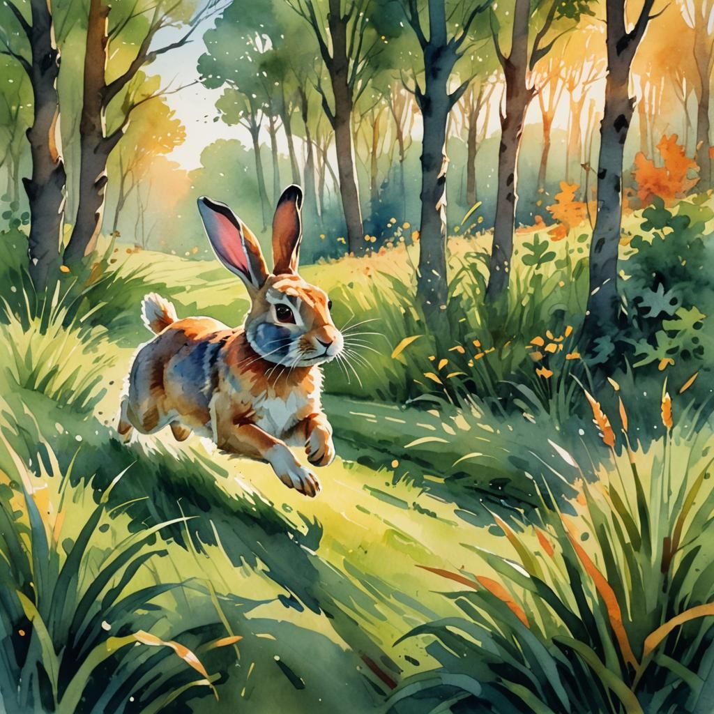 Rabbit and Cat Chase: Watercolor Impressionist Illustration
