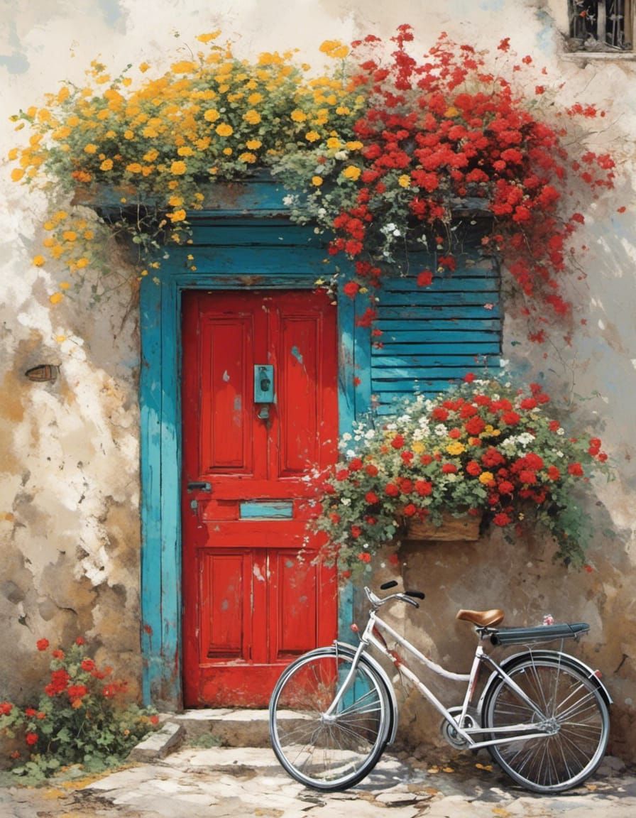 Red Door, Bicycle, Flowers in Splatter Graffiti Style