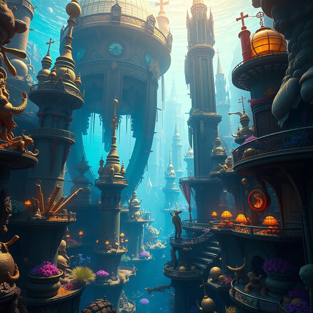 Vibrant Underwater Cityscape in Fantastical Golden Light