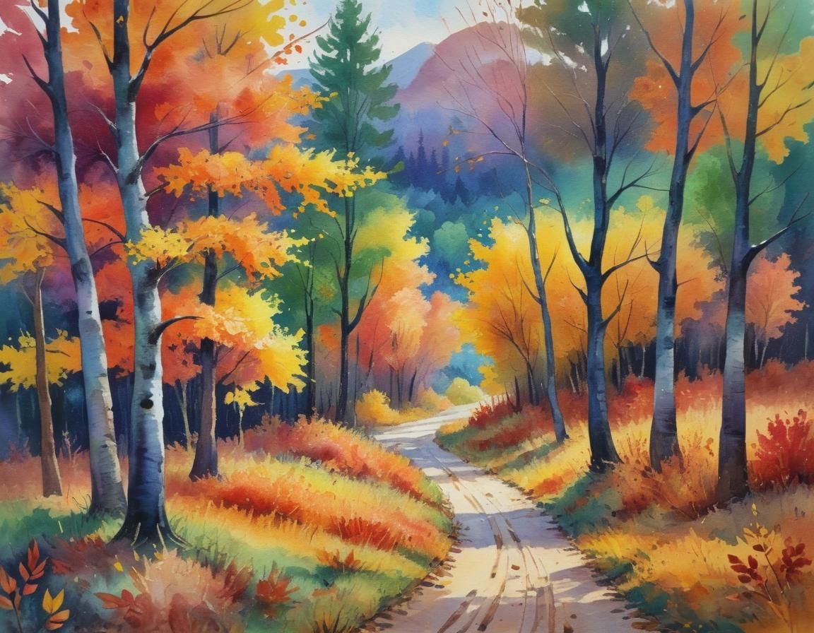 Autumnal Watercolor Landscape in Neo-Impressionist Style