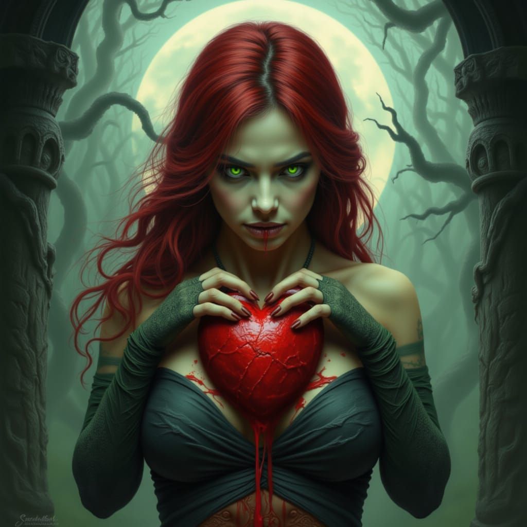 Vampire Biting Human Heart With Glowing Green Eyes