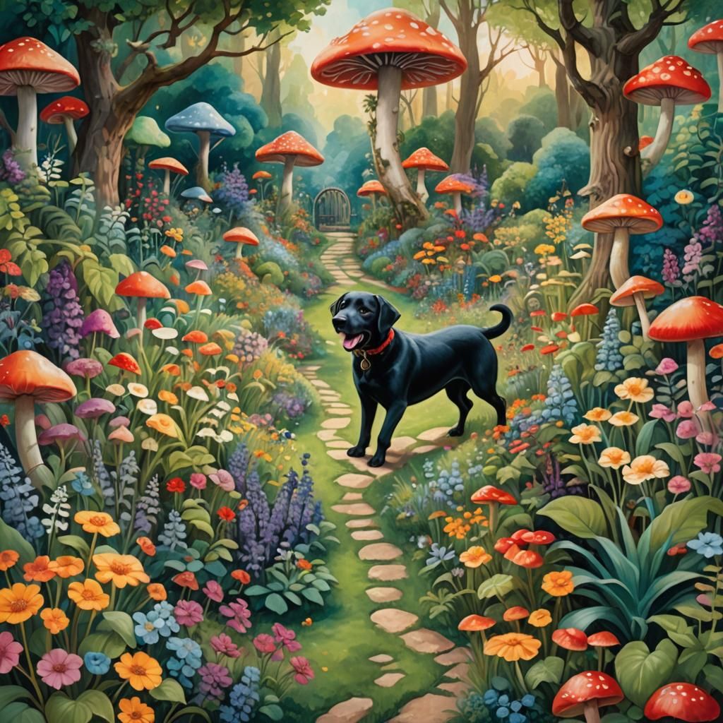 Black Lab in Whimsical Fantasy Garden Art