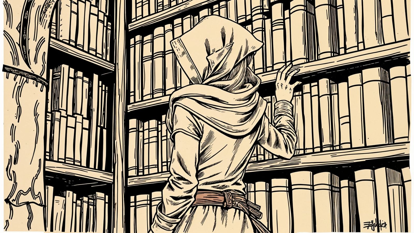 Medieval Fantasy Elf in Sepia Ink Drawing