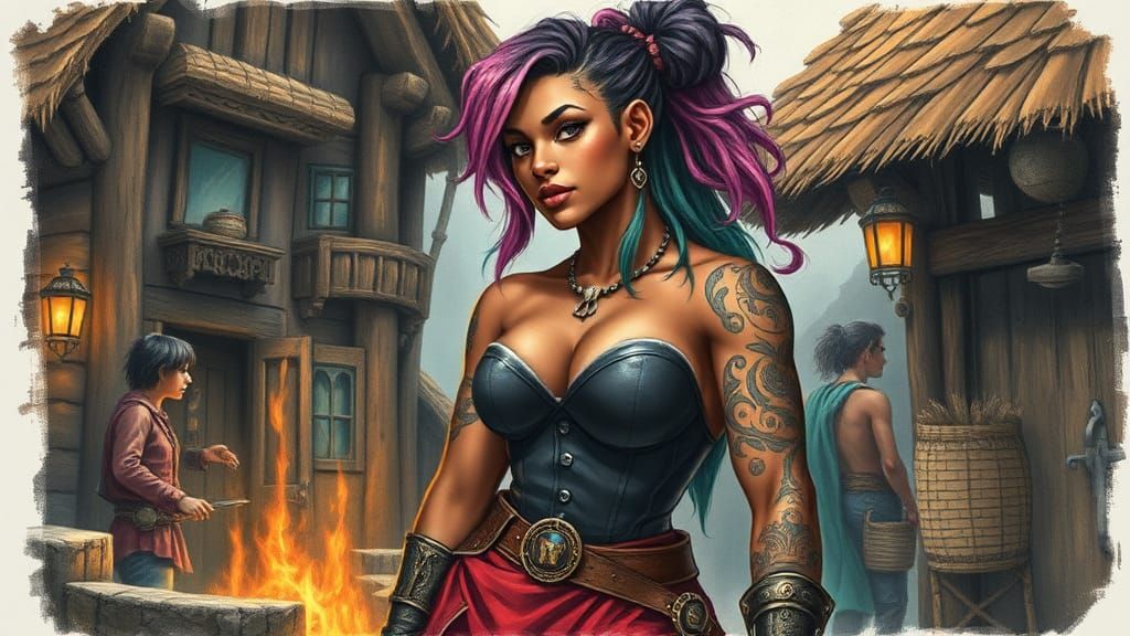 Fantasy Village Scene with Tattooed Bodybuilder in Art Deco ...