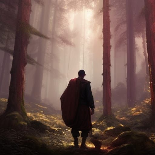 Warrior Monk in Dark Forest: Dark Fantasy Art