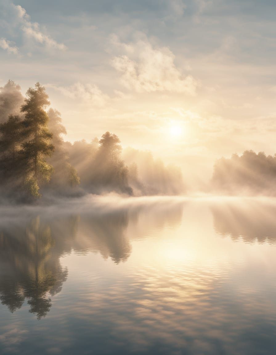 Dawn Mist Over Tranquil Lake: Digital Matte Painting
