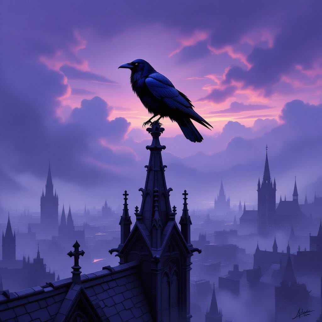 Raven on Gothic Spire Overlooking Mist City