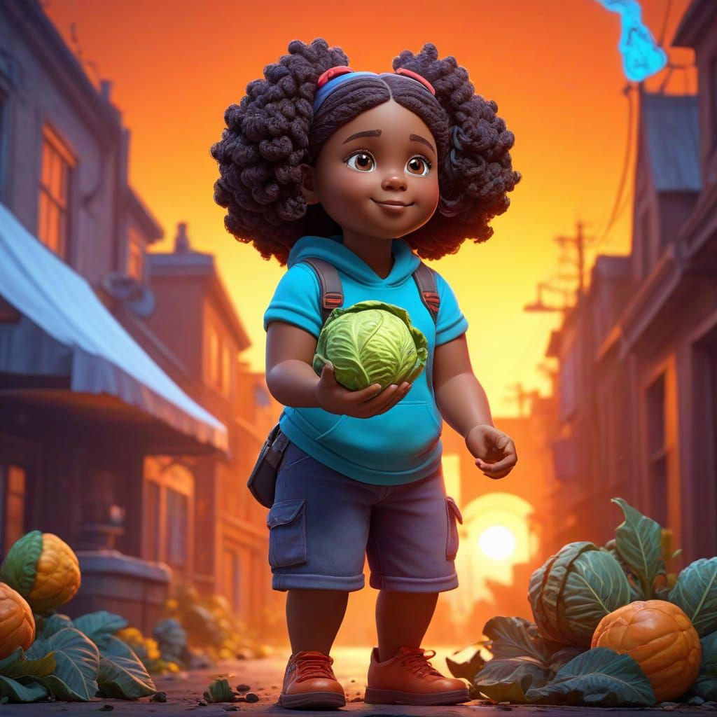 A Joyful Fat Black Girl Picks Cabbages on a Cold Day in Vibr...