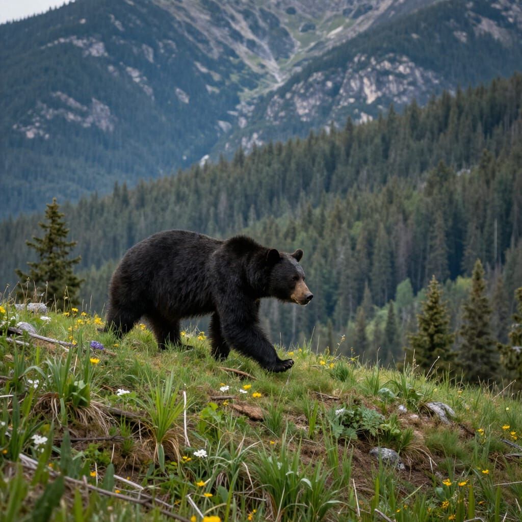 Majestic Black Bear on Hillside in Cinematic Style