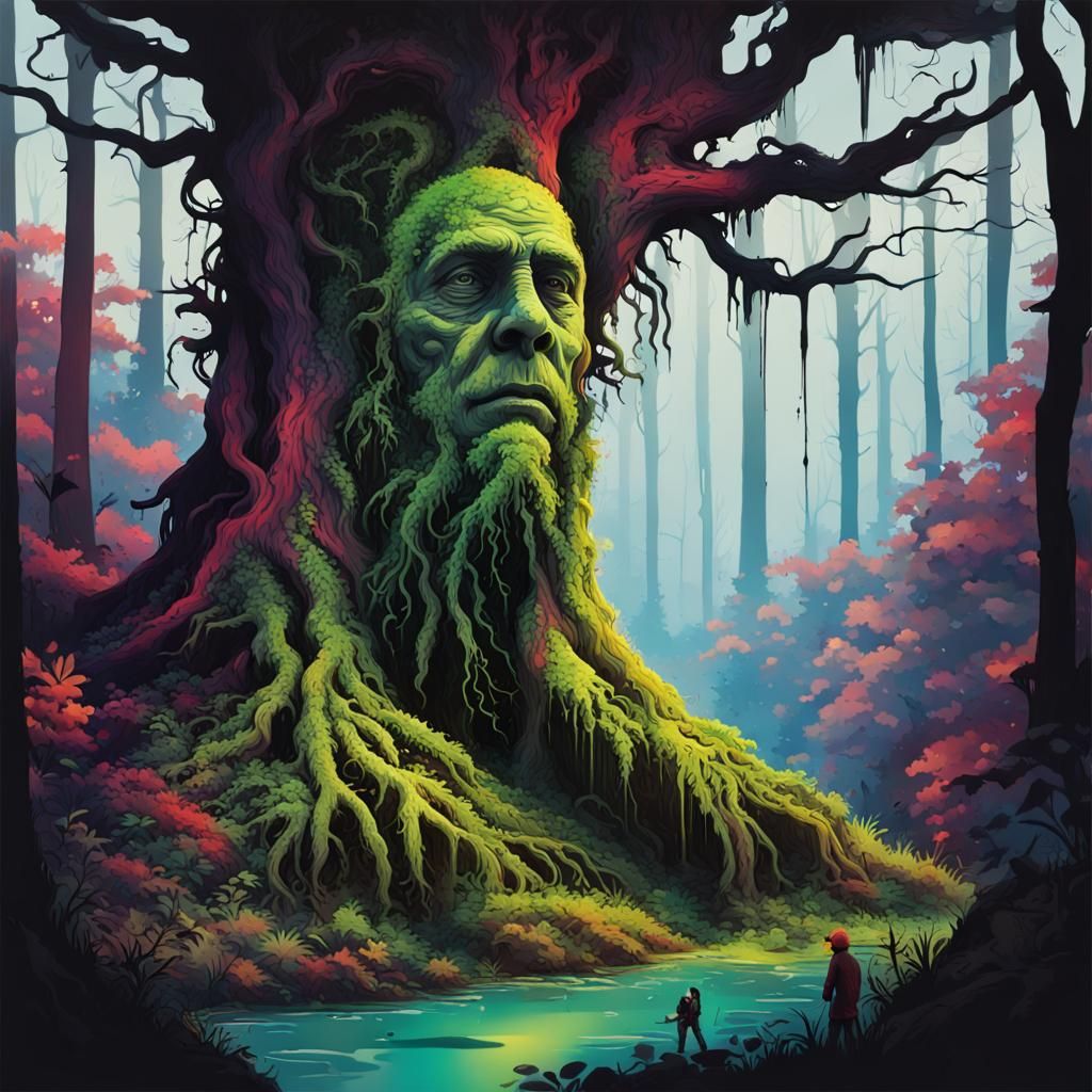 Eerie Half-Man Half-Tree Creature in Graffiti Art Style