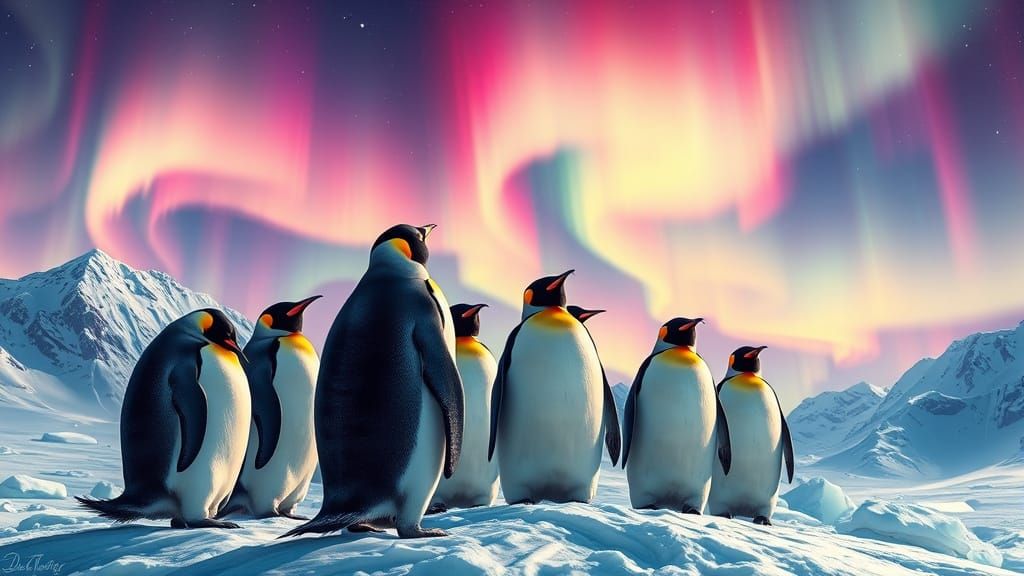 Emperor Penguins Gaze at Swirling Aurora in Hyperrealistic L...