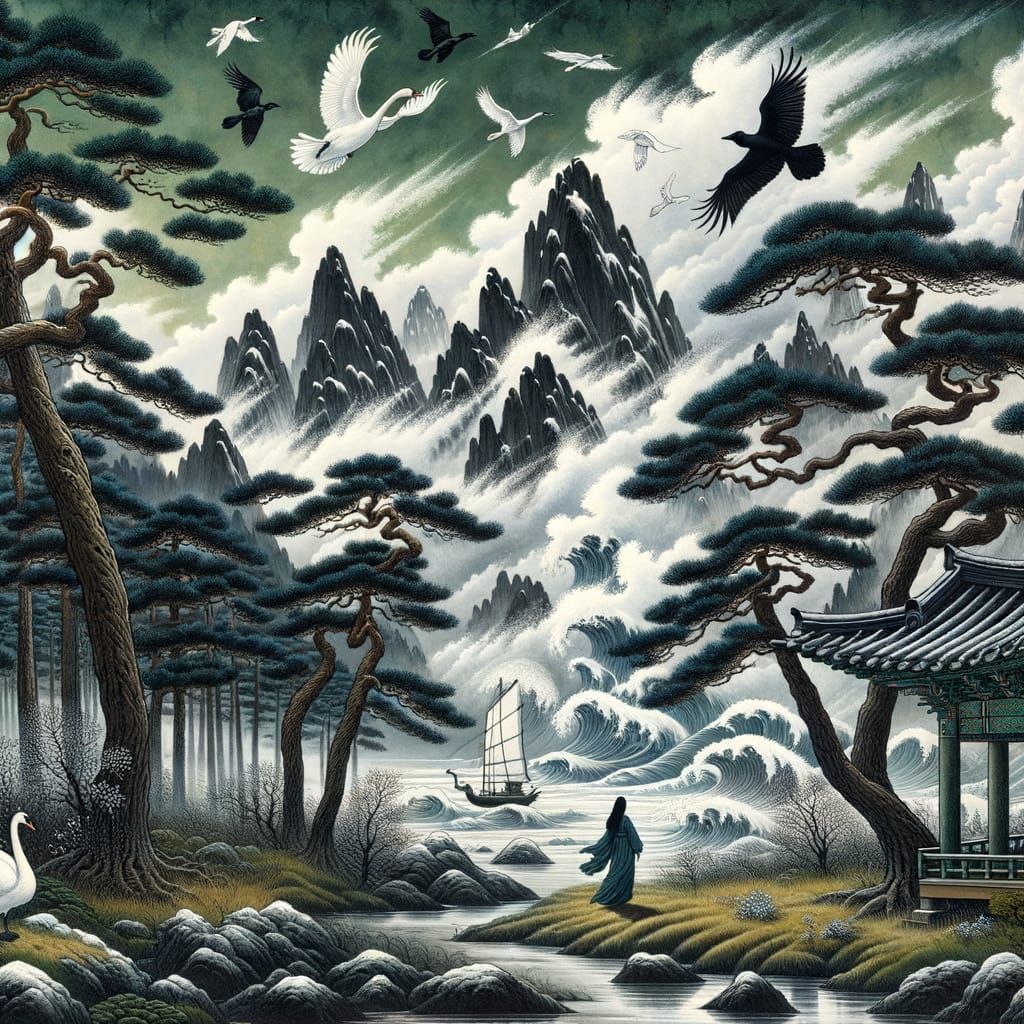 Ethereal Pine Forest Landscape with Buddhist Temple