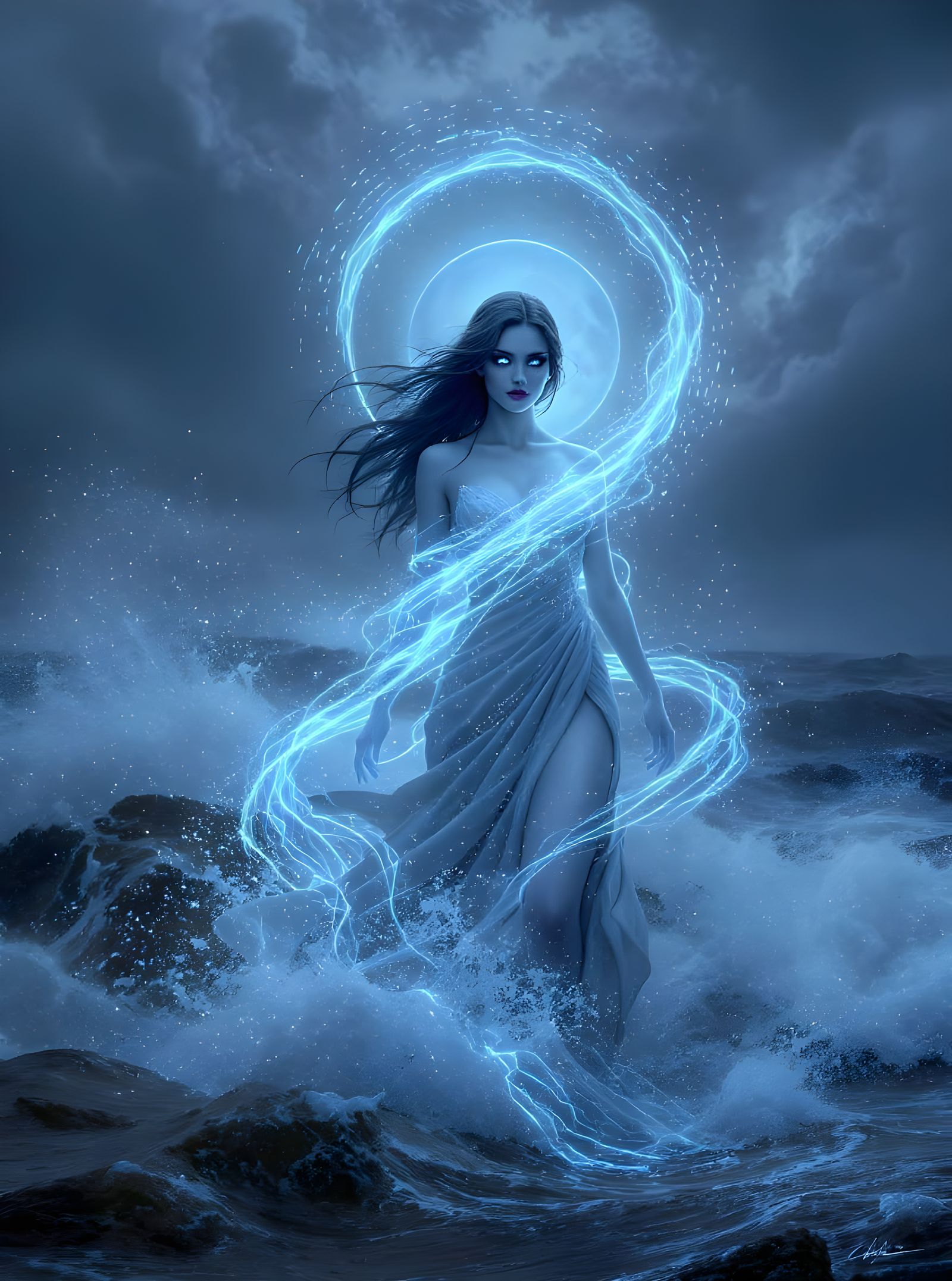 Mystical Woman Commands Stormy Seas in Realistic Detail