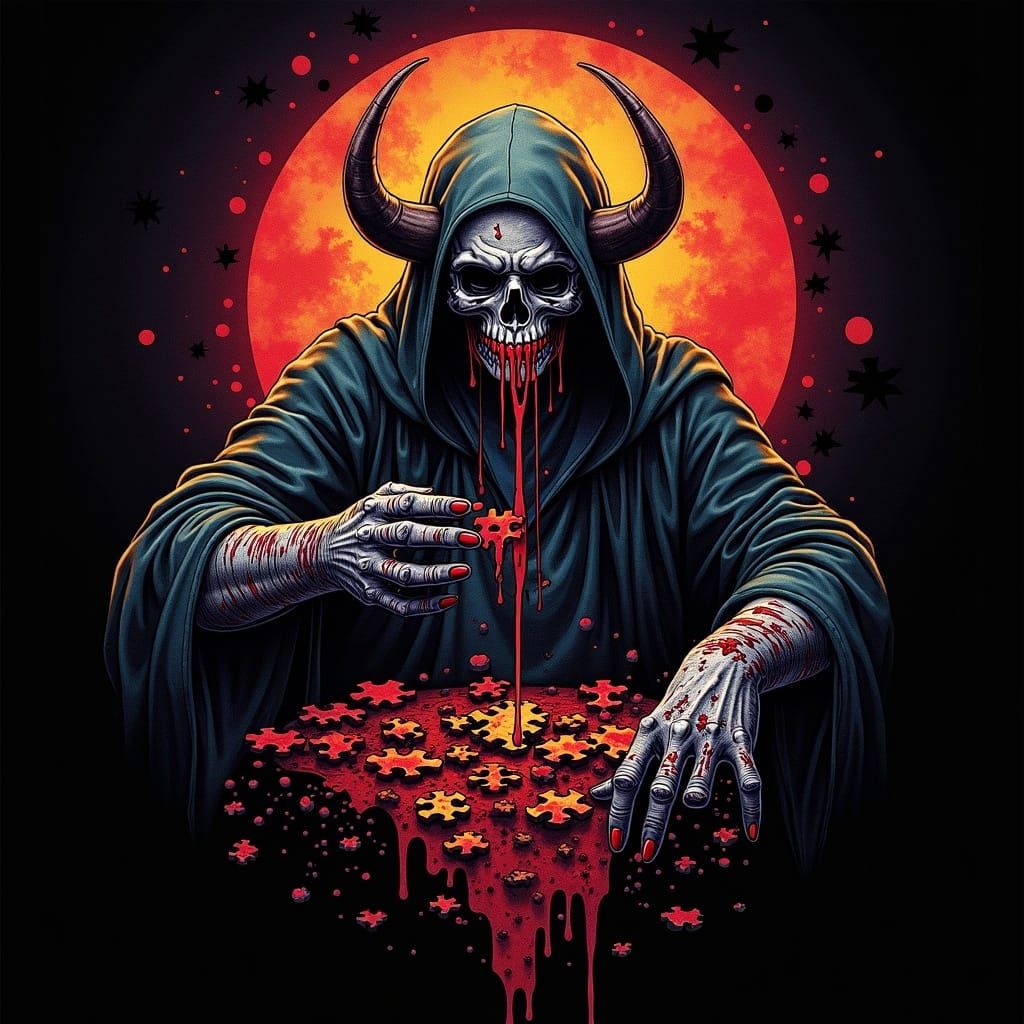 Occultist Renders with Puzzle Pieces in Vivid Triptych Style