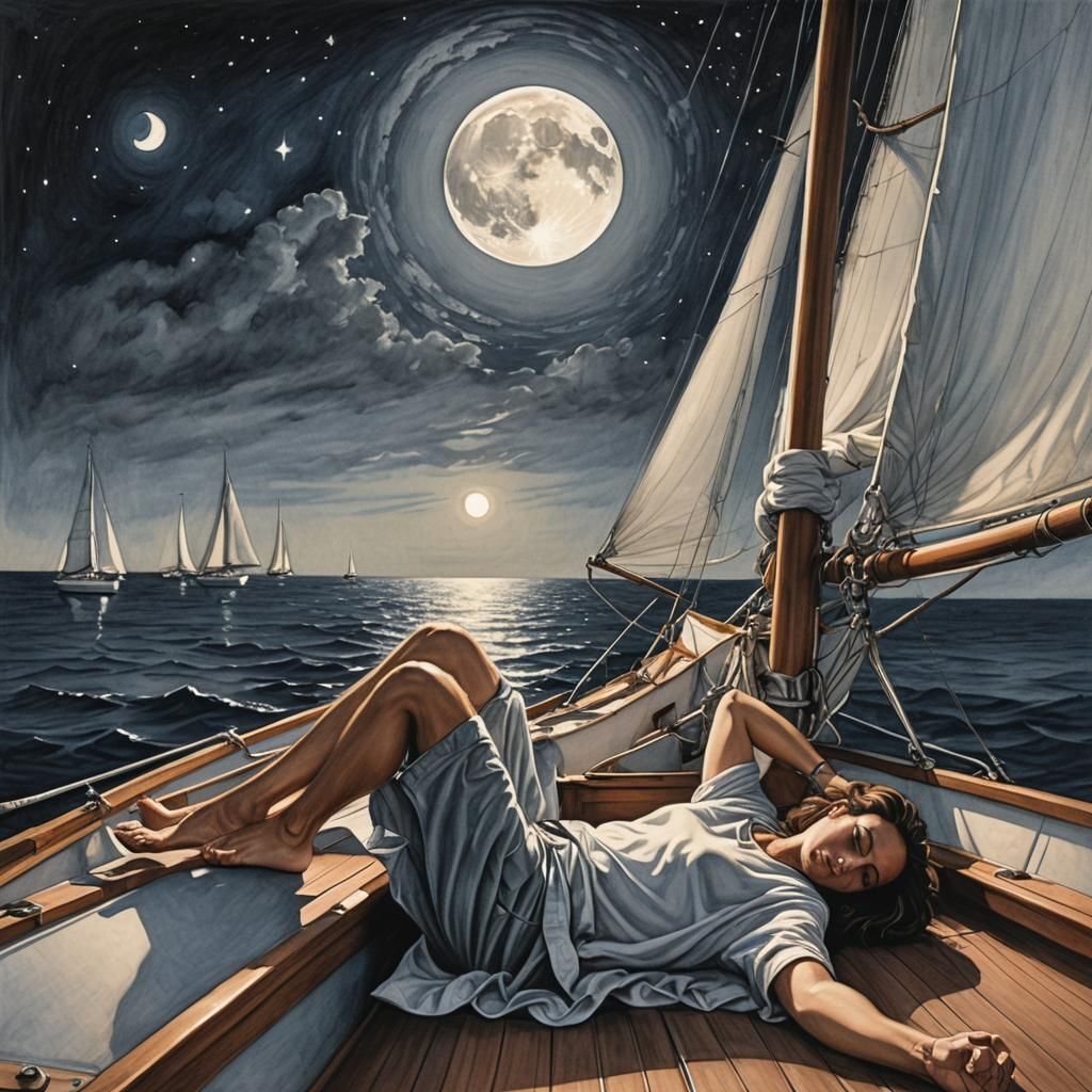 Sailboat at Night: Ultra-Realistic Colored Pencil and Ink Ar...