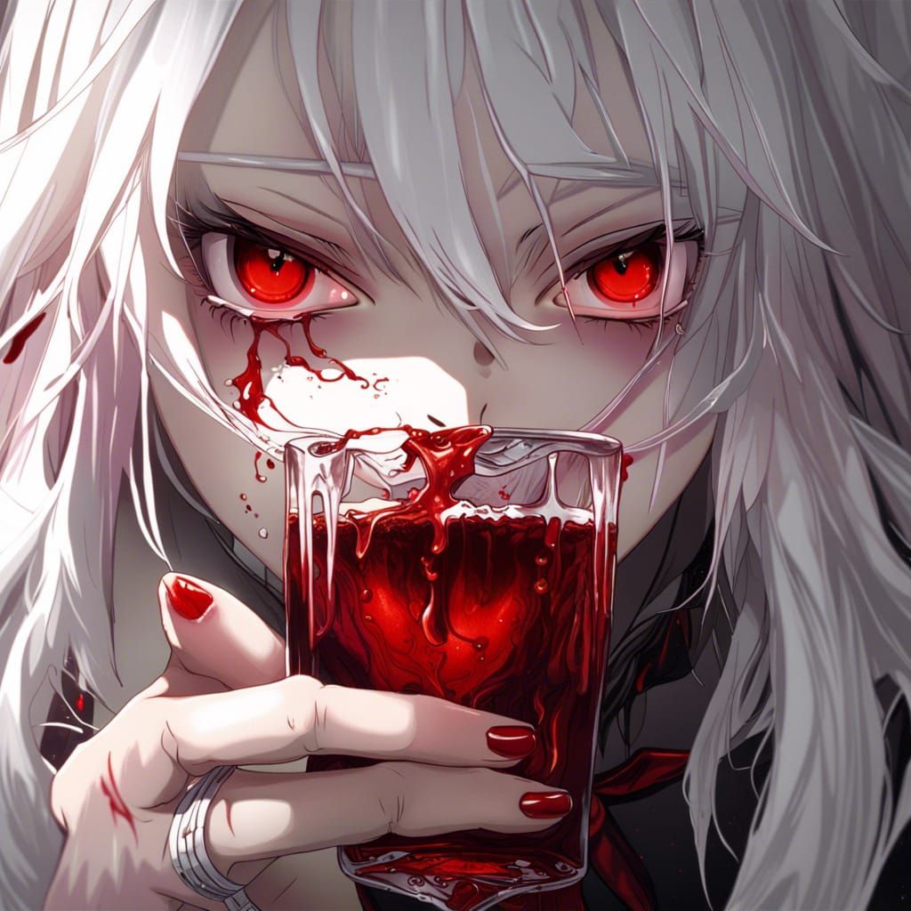 Anime Vampire Girl Drinking Blood in Manga Style