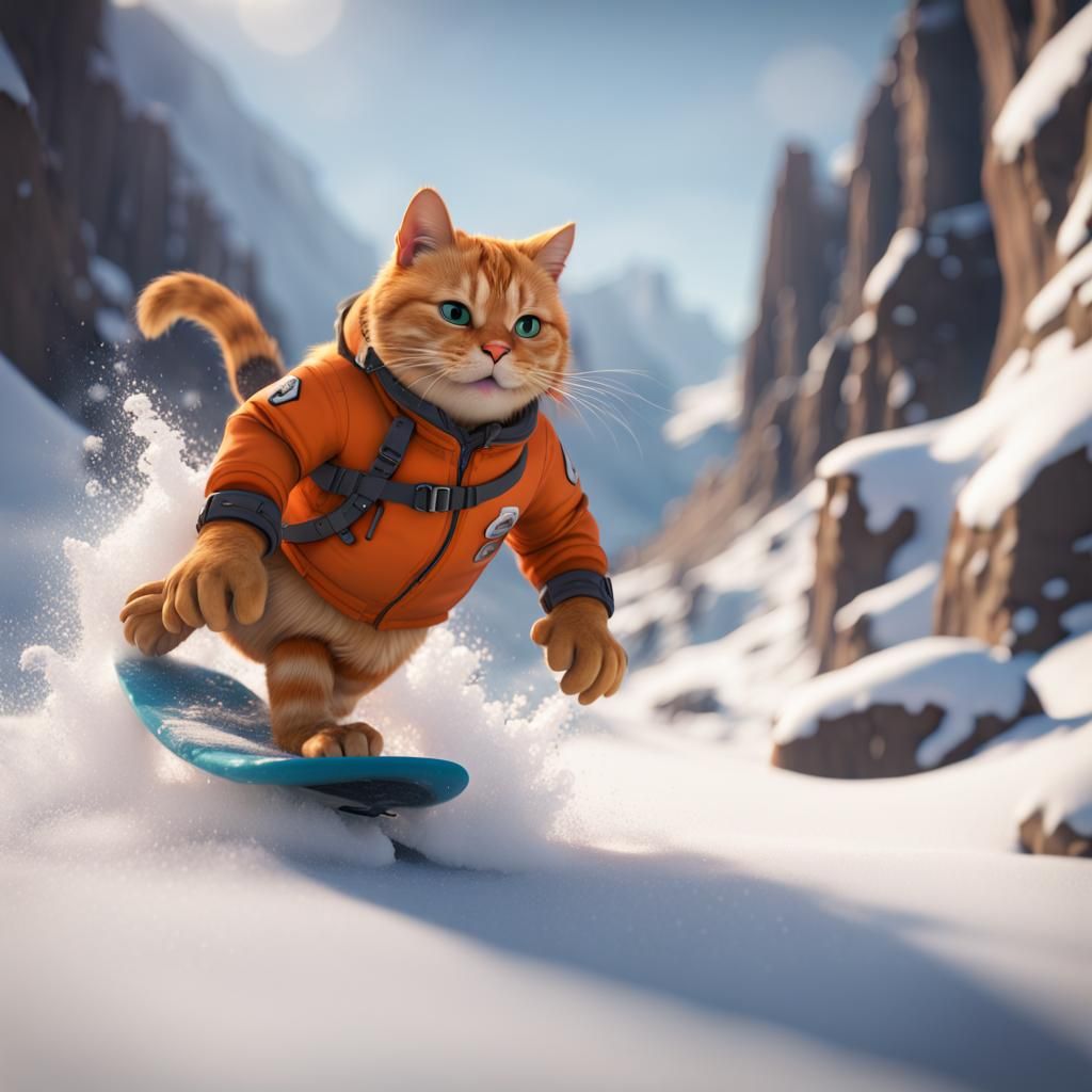 Orange Cat Snow Surfing in the Rocky Mountains