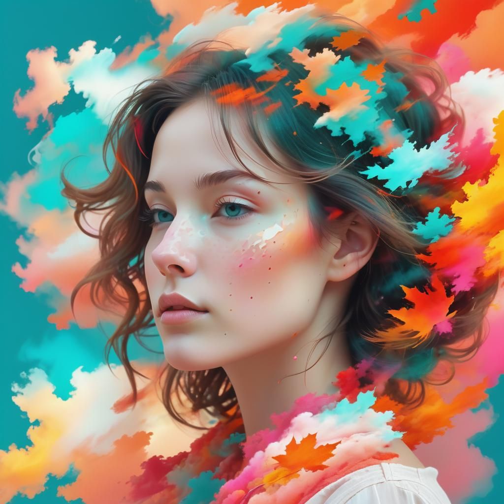 Serene Woman's Portrait Dissolving in Glitch Art Style