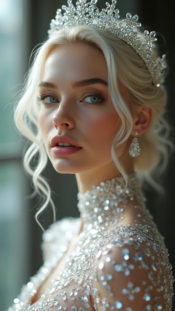Ethereal Blonde Woman in Regal, Futuristic Gown