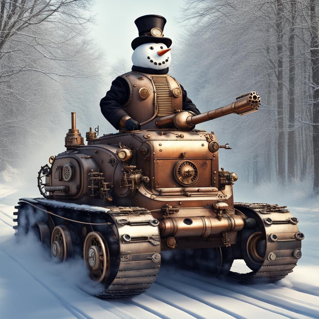 Steampunk Snowman Driving a Tank