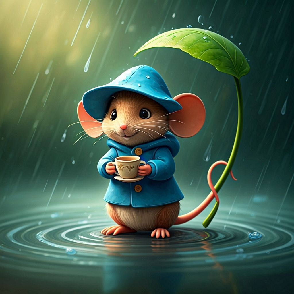 Claymation Mouse Sipping Tea in Rainy Scene