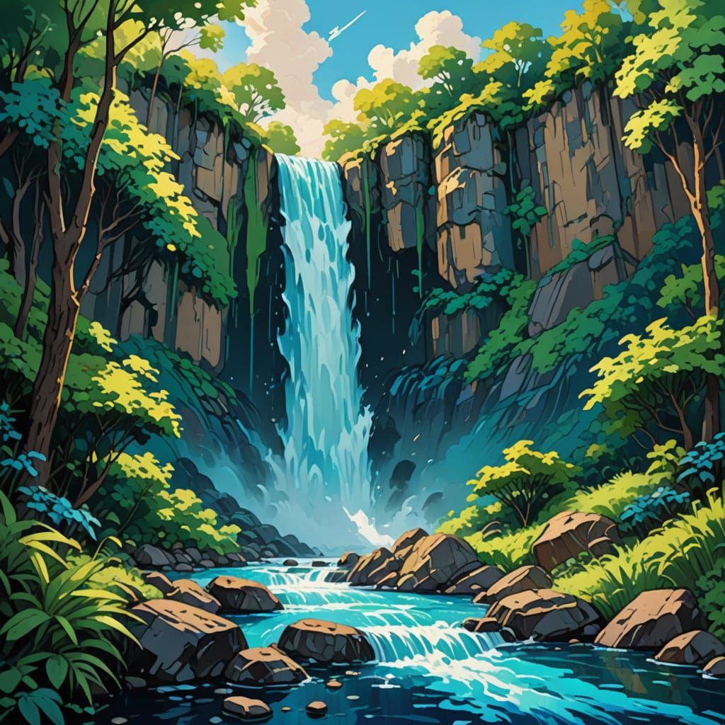 Vibrant Expressionist Oil Painting of a Majestic Blue Waterf...