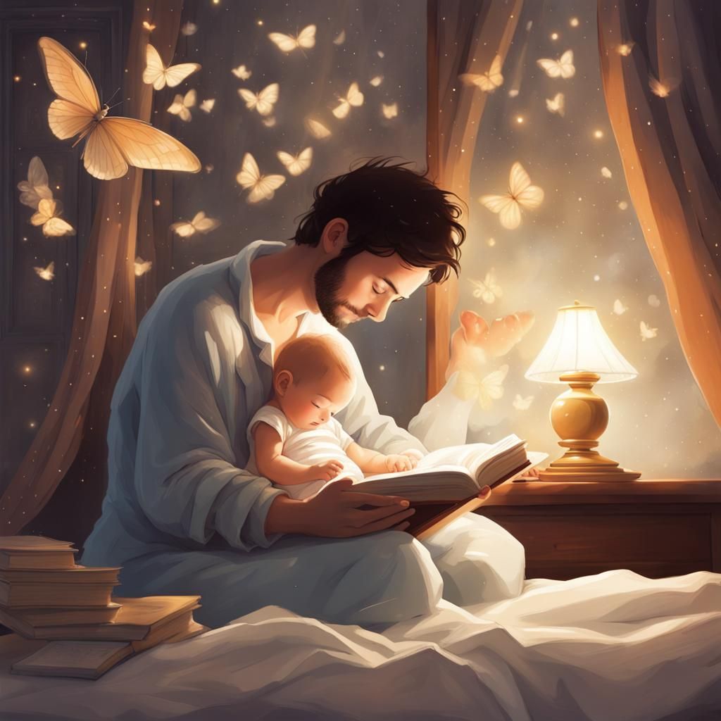 Father Reads to Sleeping Baby with Fairies