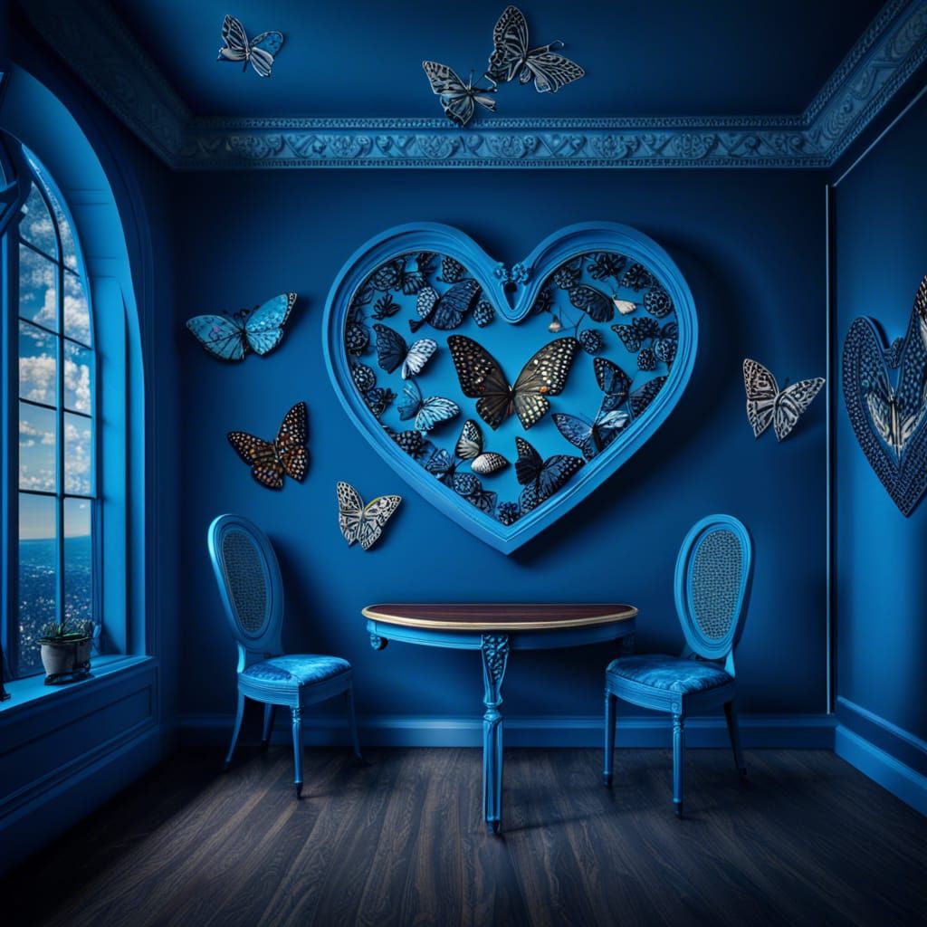 Heart Table in Blue Room with Butterfly Pictures