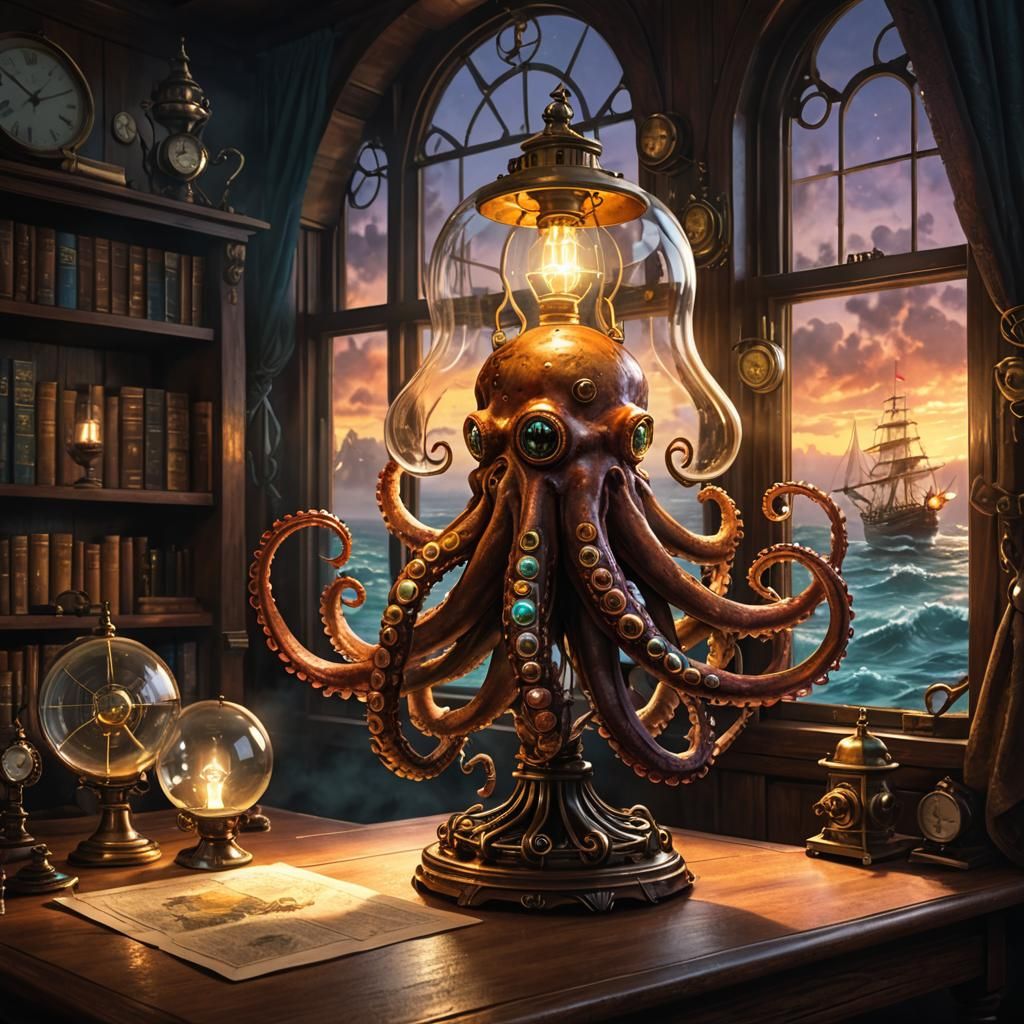 Steampunk Octopus Lamp with Kraken in View