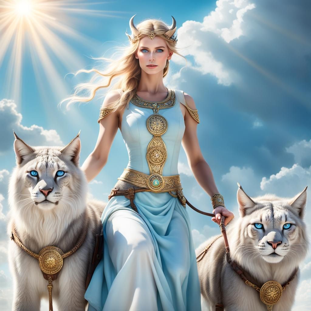 Freya, Nordic Goddess, Rides Lynx Chariot
