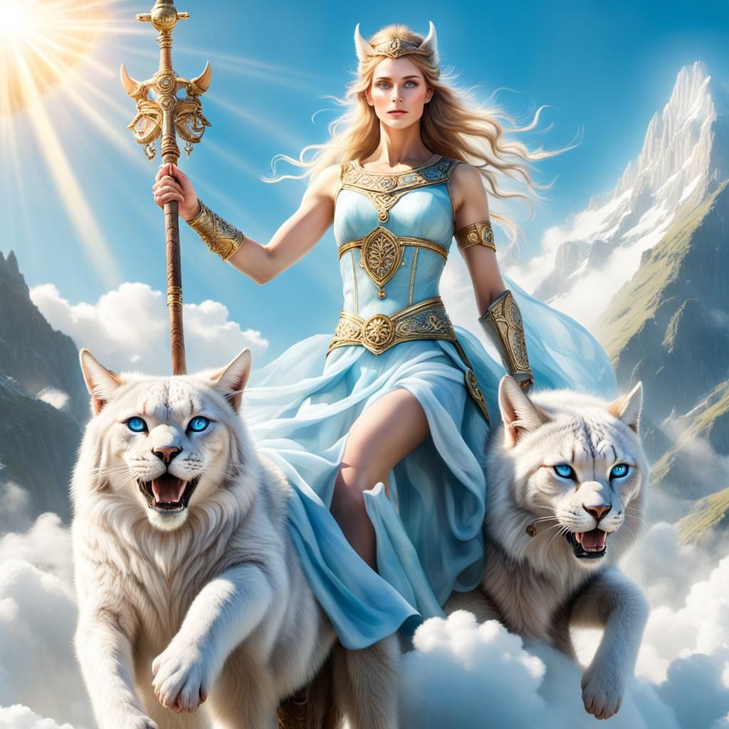 Freya, Nordic Goddess Riding Lynx Chariot