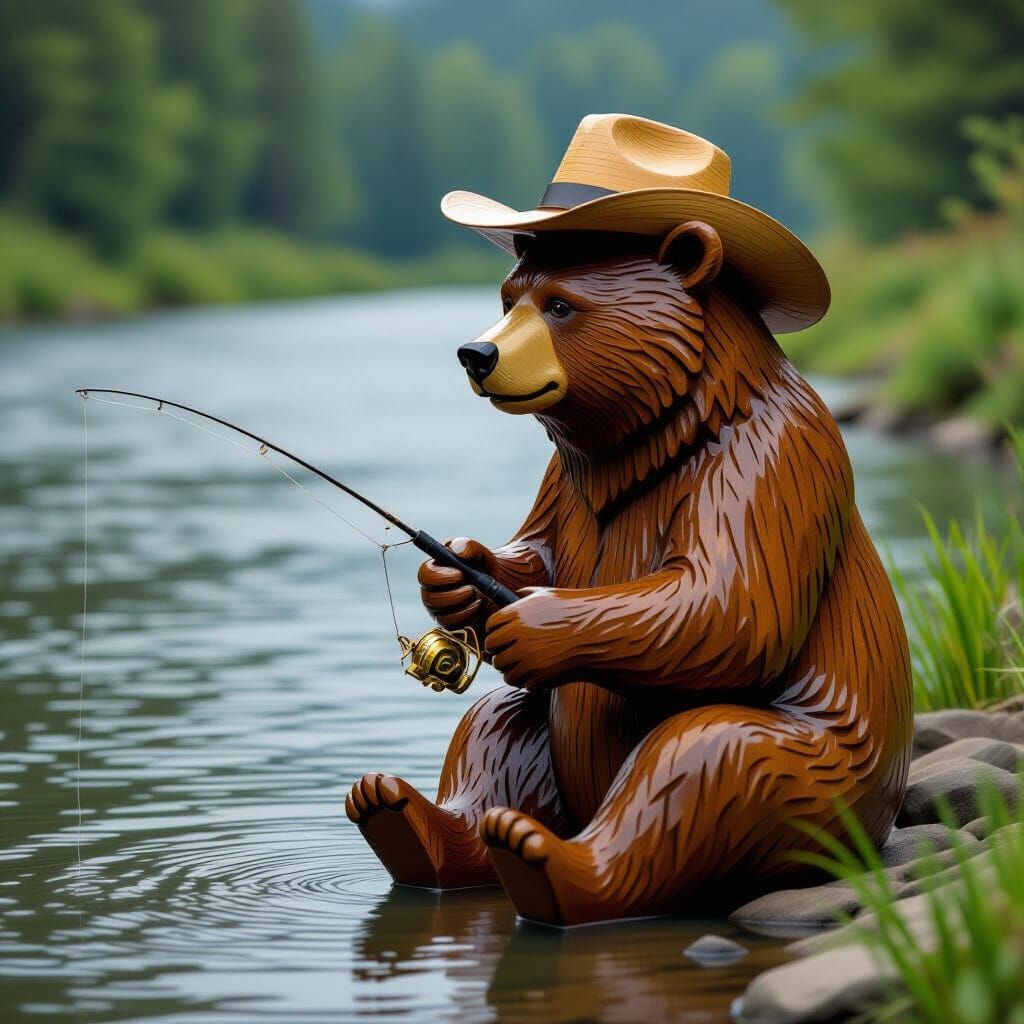 Carved Wooden Bear Fishing by a River