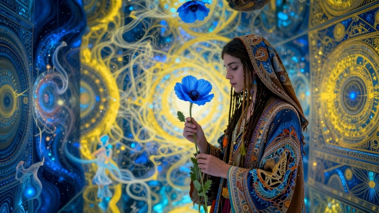 Cosmic Surrealism: Hippie in Embroidered Robes with Blue Pop...