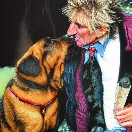 Humorous Comic Art: Rod Stewart Kisses Rottweiler