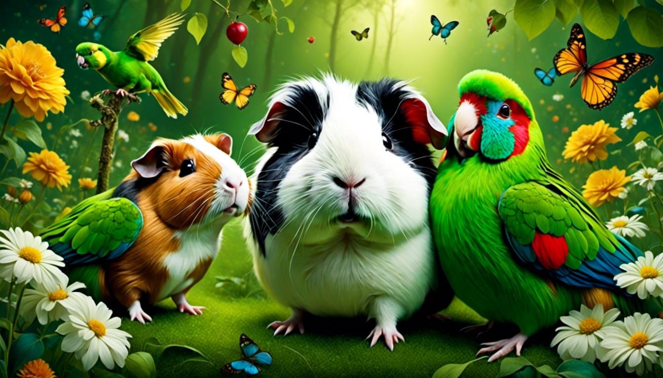 guinea pig, parrot and hybrid friends