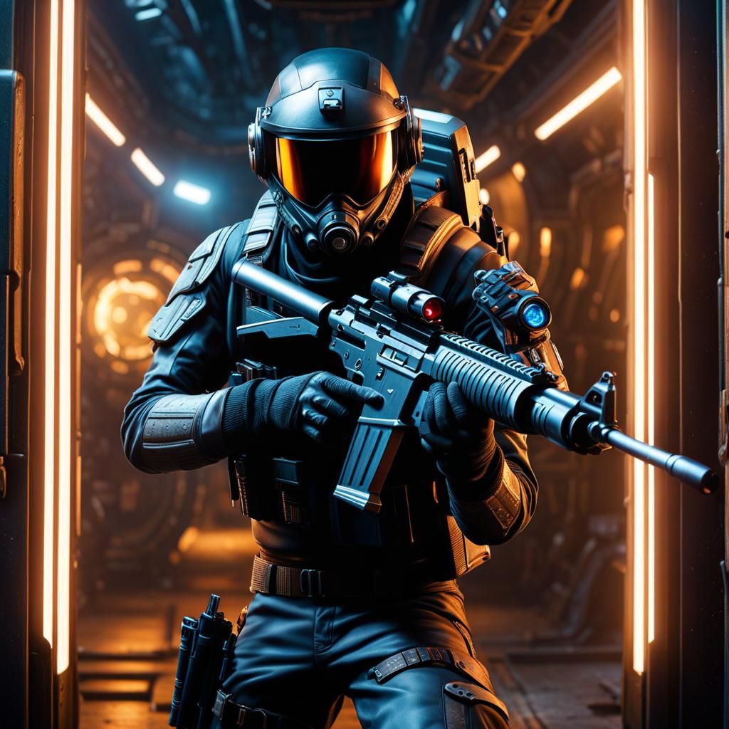 Futuristic Soldier Confronts Alien in Steampunk Village