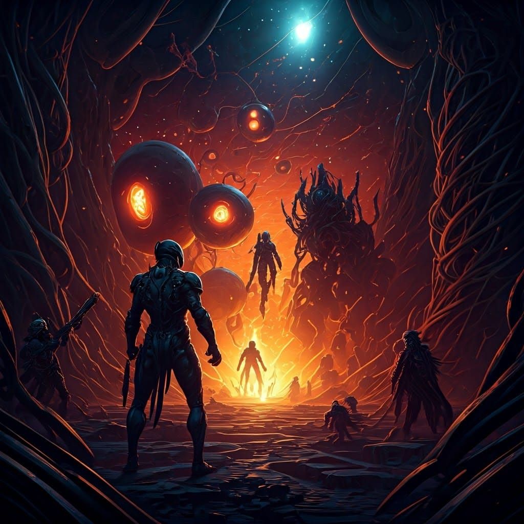 Cosmic Chaos: Warriors in a Surreal, Destructive Landscape