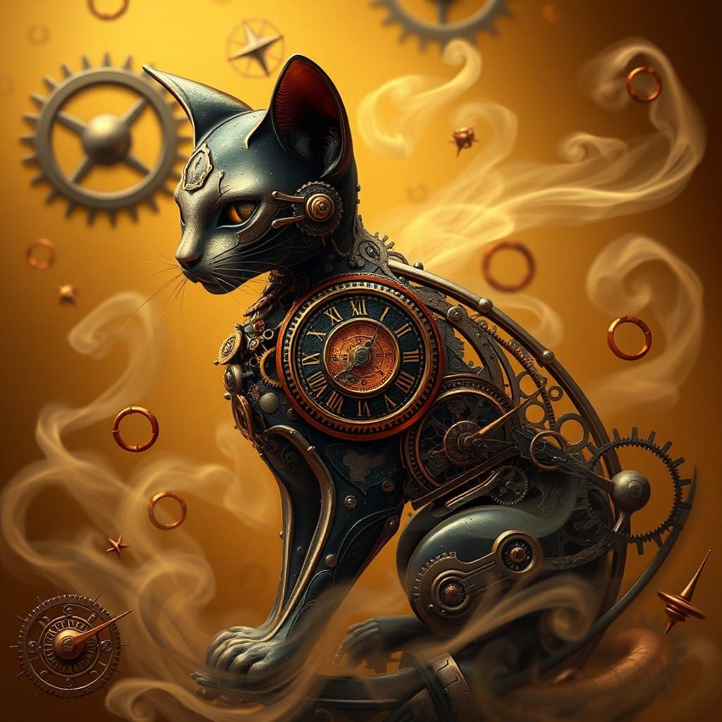 Steampunk Clockwork Cat with Filigree and Gears