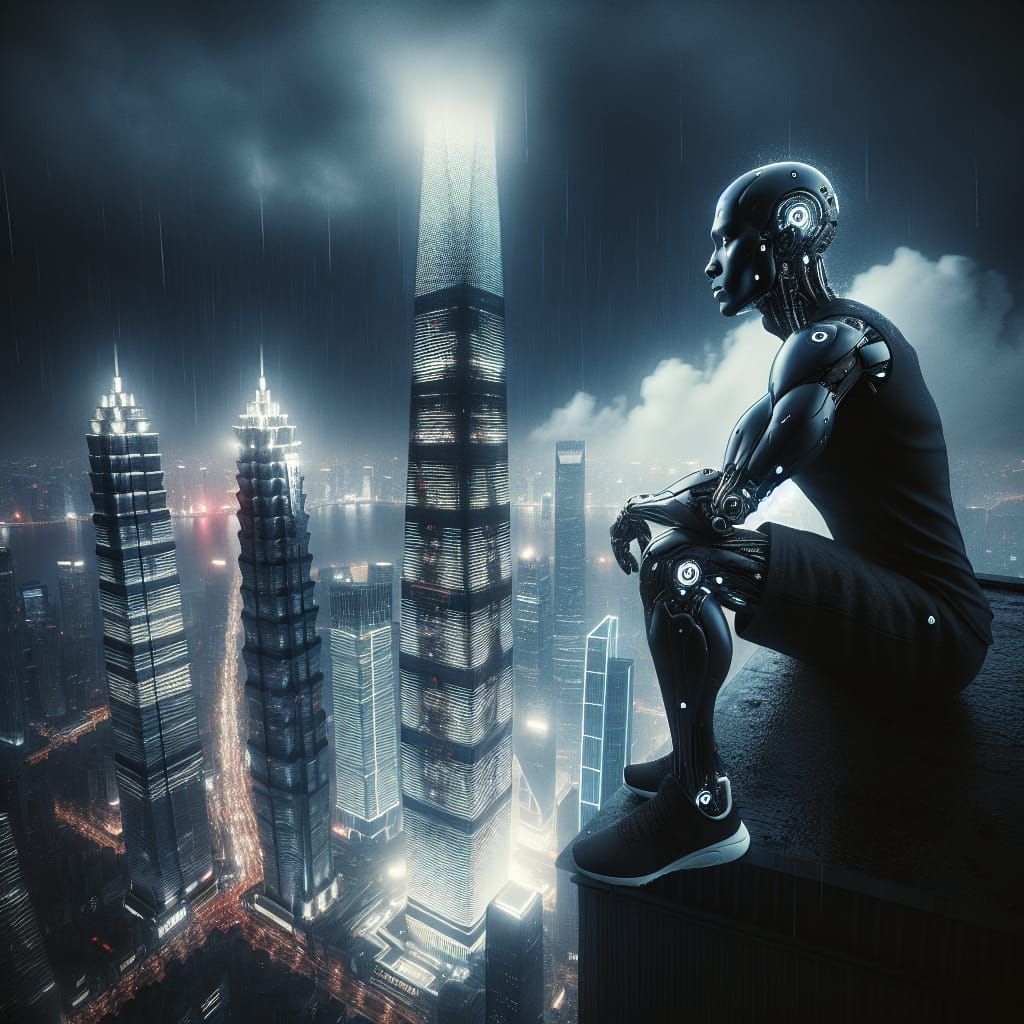 Cybernetic Contemplation in Rainy Cityscape